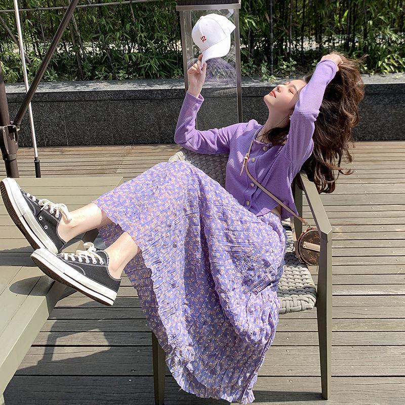 Long Skirt Summer Women's Korean Version of The Popular Elastic High Waist Floral Chiffon Skirt