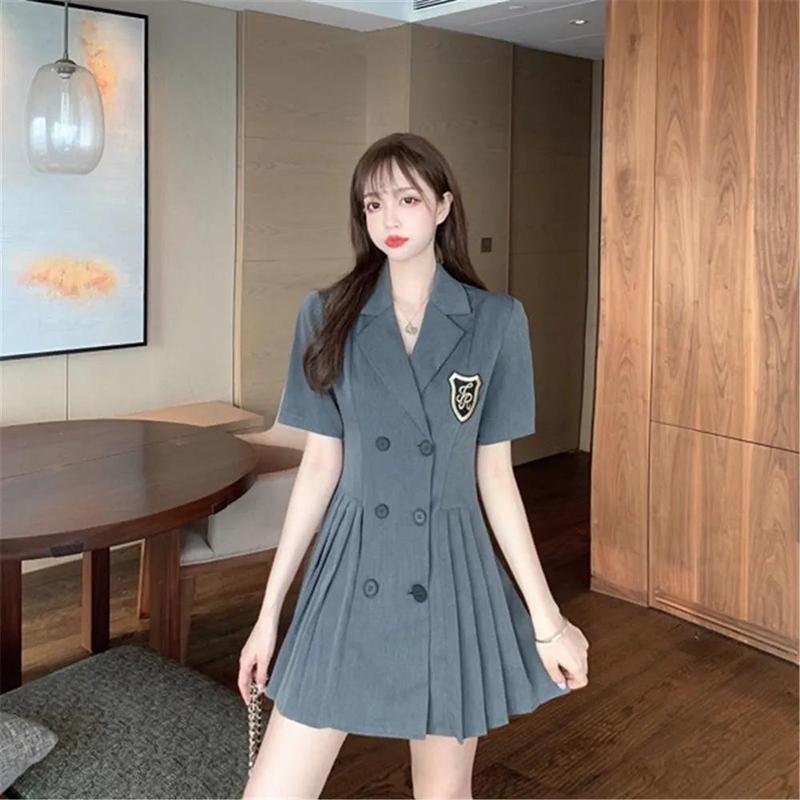 Retro College Dress Women's Summer Dress Waist Slim Temperament A-shaped Short-sleeved Suit Skirt Ladies Short Dress Coat