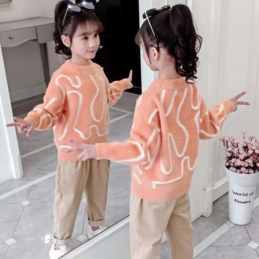 Autumn and Winter Thick Sweater Round Neck Low Neck Long Sleeve Sweater Little Girl Fashion Jacket