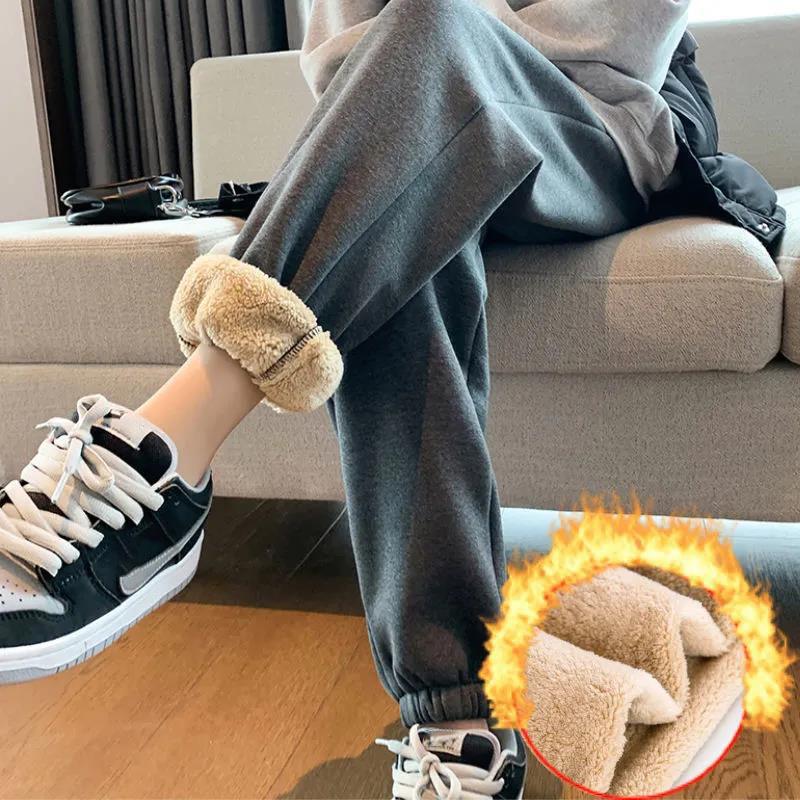 Lamb Velvet and Velvet Thickened Trousers Women's Autumn and Winter Large Size Loose and Thin Waist Pants Extra Thick Warm Casual Cotton Trousers