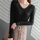 Thin V-neck Sweater Women's Autumn and Winter Long-sleeved Buttons and Wooden Ears Knitted Bottoming Shirt with Temperament Blouse Women