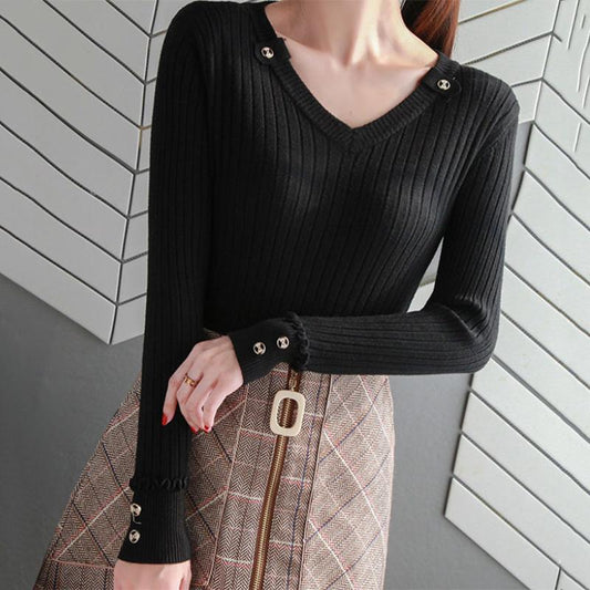Thin V-neck Sweater Women's Autumn and Winter Long-sleeved Buttons and Wooden Ears Knitted Bottoming Shirt with Temperament Blouse Women