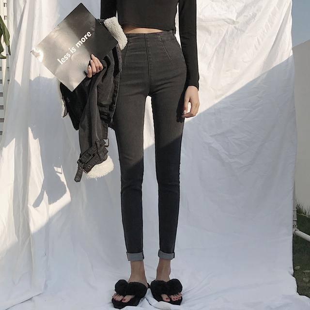 Woman High Waist Pants Denim Pencil Pants Stretch High-waisted Button Slim Denim Trousers Jeans