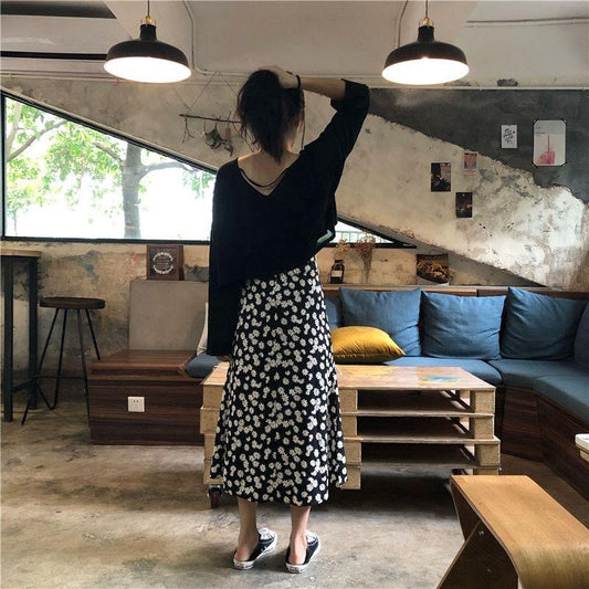 New Women Korea Loose Elastic Waist Floral Skirts Spring Summer Floral Chiffon Skirt