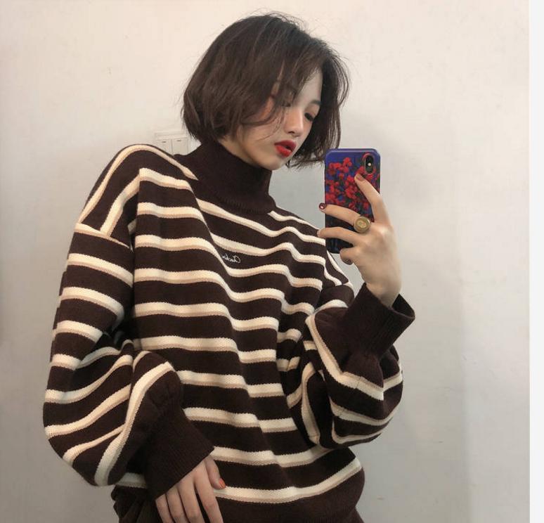Striped knit jacket coat Thick color-matching turtleneck female student lazy wind loose pullover