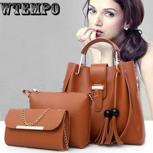 Trend three-piece handbags casual bag simple wild handbag tassel Messenger bag fashion