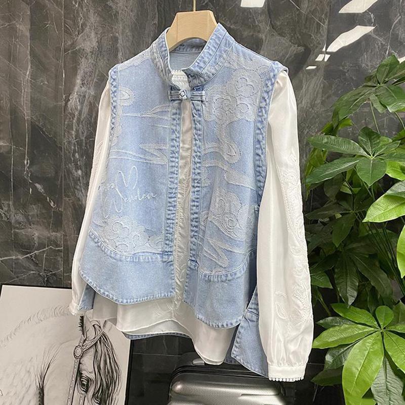 Retro Chinese Style  Women's Denim Vest Sleeveless Spring and Summer Loose Casual Coat Irregular