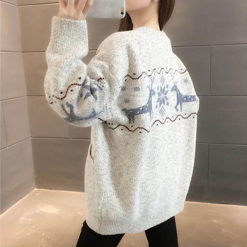 Lazy Style Knitted Cardigan Women's Autumn and Winter Loose School Style V-neck Long-sleeved Sweater Jacket