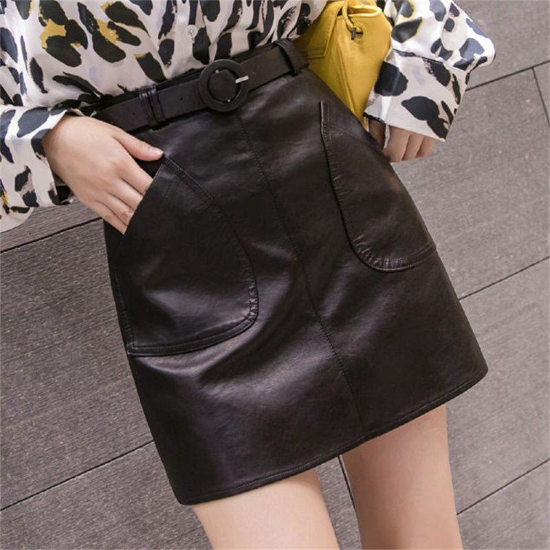 Women PU Solid Casual Skirt Spring High Waist Bright Leather Mini Skirt Elegant Office Wear Skirts