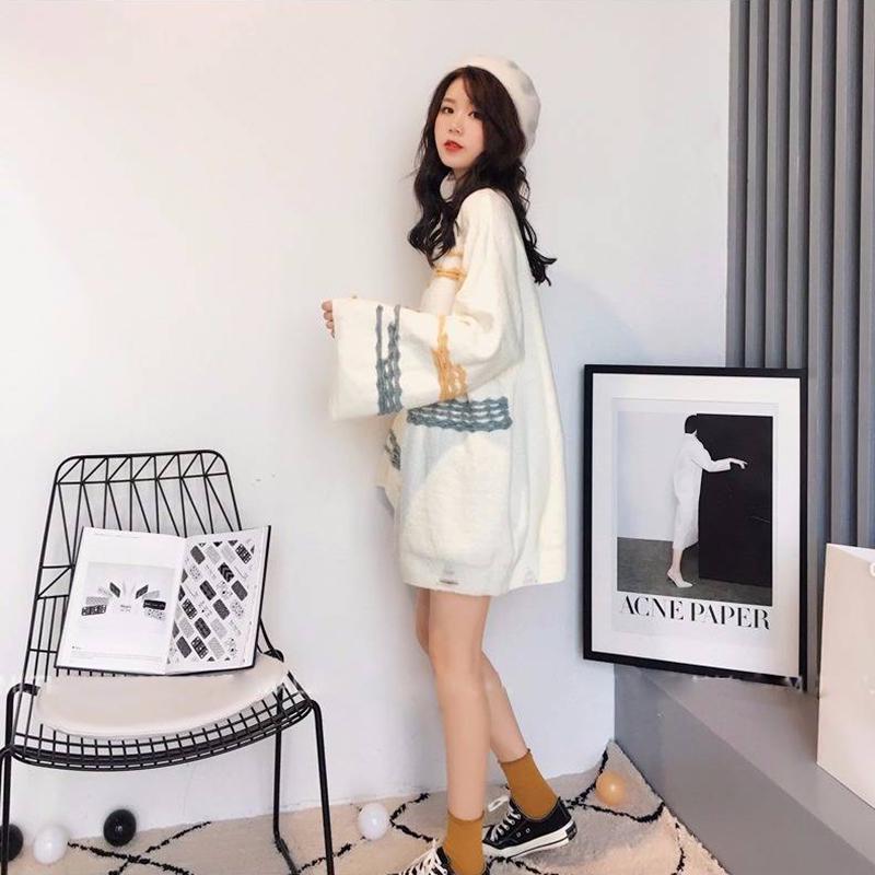Winter Round Neck Thick Loose Sweater Women Outer Wear Inside Flare Sleeve White Sweater