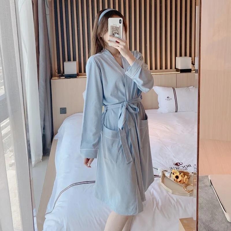 Women's Solid Sexy Long-sleeved Bathrobes Mid-length Spring Autumn Pajamas Dresses Casual Nightgown Pocket V-neck Loose Home Wear