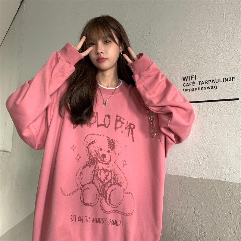 Women Hoodies Bear Graffiti Pullover Sweatshirt Oversized Streetwear Hip Hop Tracksuit Fashion Harajuku Pink Women Top Clothes