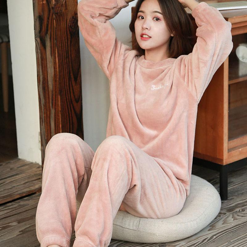 Winter Coral Fleece Women's Pajamas Keep Warm Cute Student Flannel Long Sleeves Can Be Worn Outside Home Clothes
