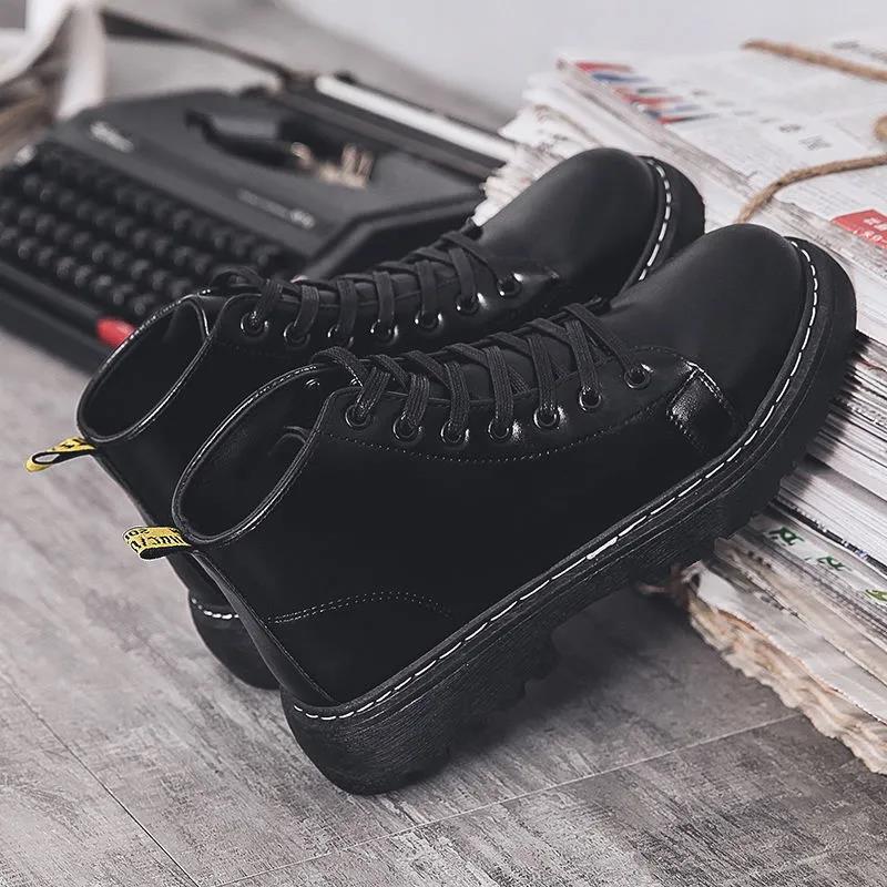 Men's Black Martin Boots Mid-British Thick-soled Men's Boots Korean Style Trendy All-match High-top Leather Shoes