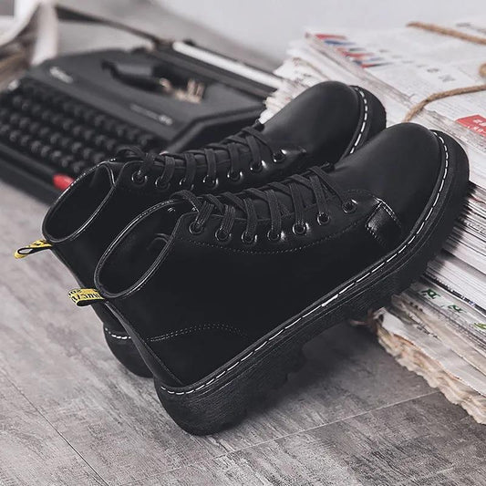 Men's Black Martin Boots Mid-British Thick-soled Men's Boots Korean Style Trendy All-match High-top Leather Shoes