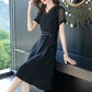 L-5XL Spring Summer Chiffon Dress Large Size V-neck See-through Mesh Short-sleeves Temperament Slim Black Skirt Female Bow Strap A-line Dress
