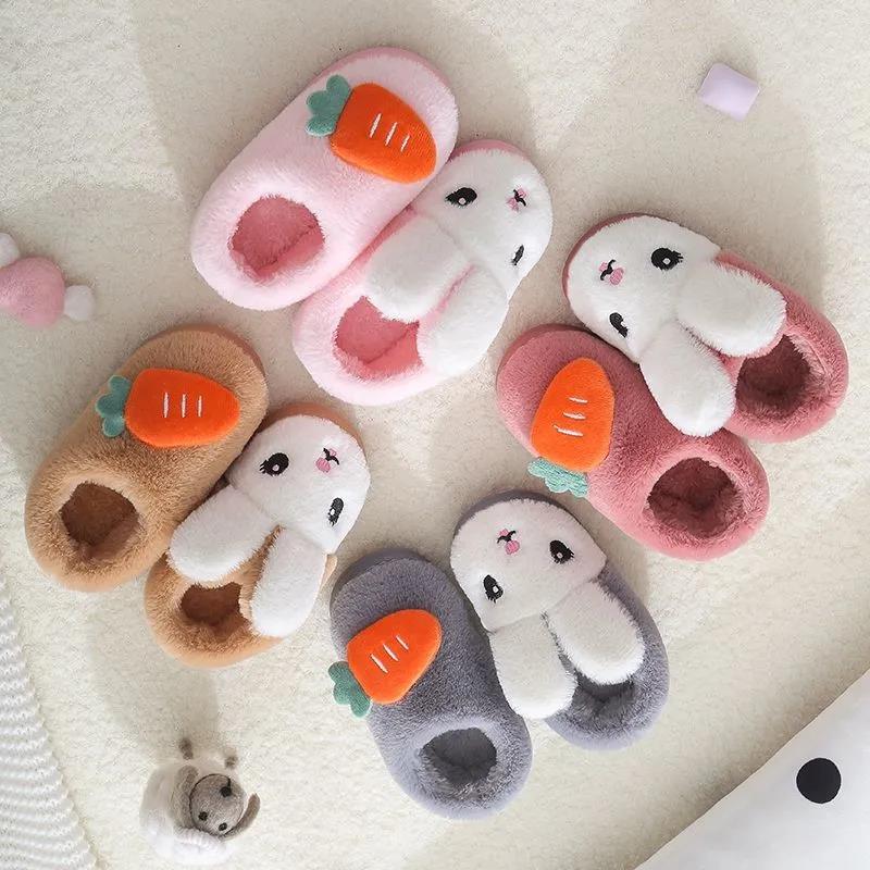 Kids Fur Slides Kids Shoes Autumn Winter Indoor Non-slip Cute Rabbit Cotton Home Slippers Baby Girls Slippers