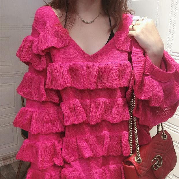 Autumn and Winter Multi-level Flared Sleeve Cake Skirt Ruffled Knitted Sweater