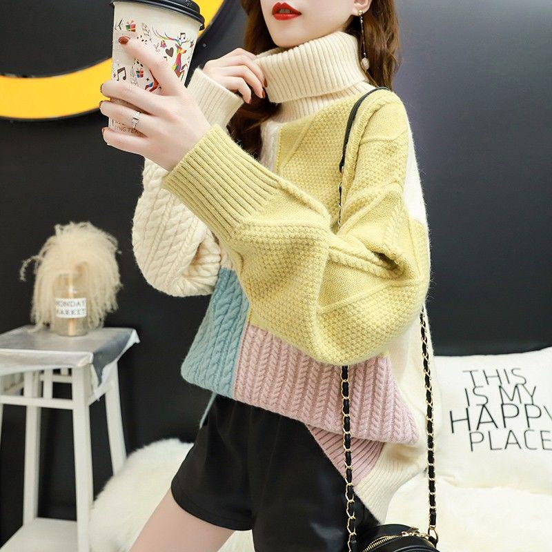 Autumn/winter Turtleneck Sweater Women Loose Thick Warm Color Block Sweater Coat Outer Wear Knit Jumper Pullover