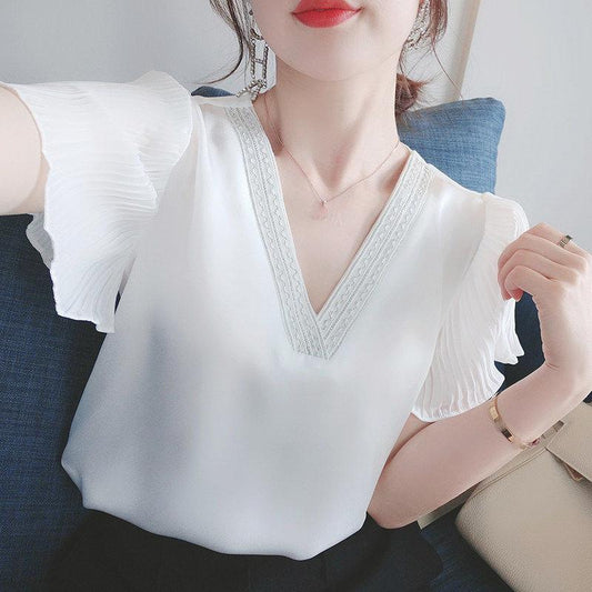Summer White V-neck Short-sleeved Chiffon Shirt Fabric Lightweight Breathable Chiffon Short-sleeved Shirt Sweet and Lovely Elegant Temperament