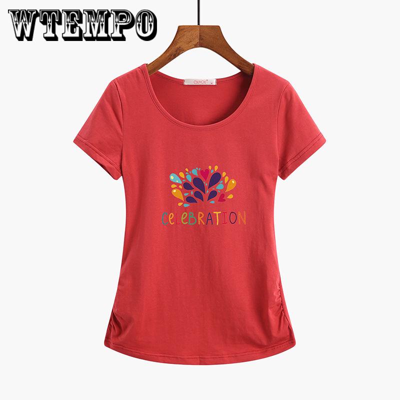 Women T-shirt  Letters Print Slogan tshirts Cotton Round Neck Short Sleeve Casual Plus Size Tops
