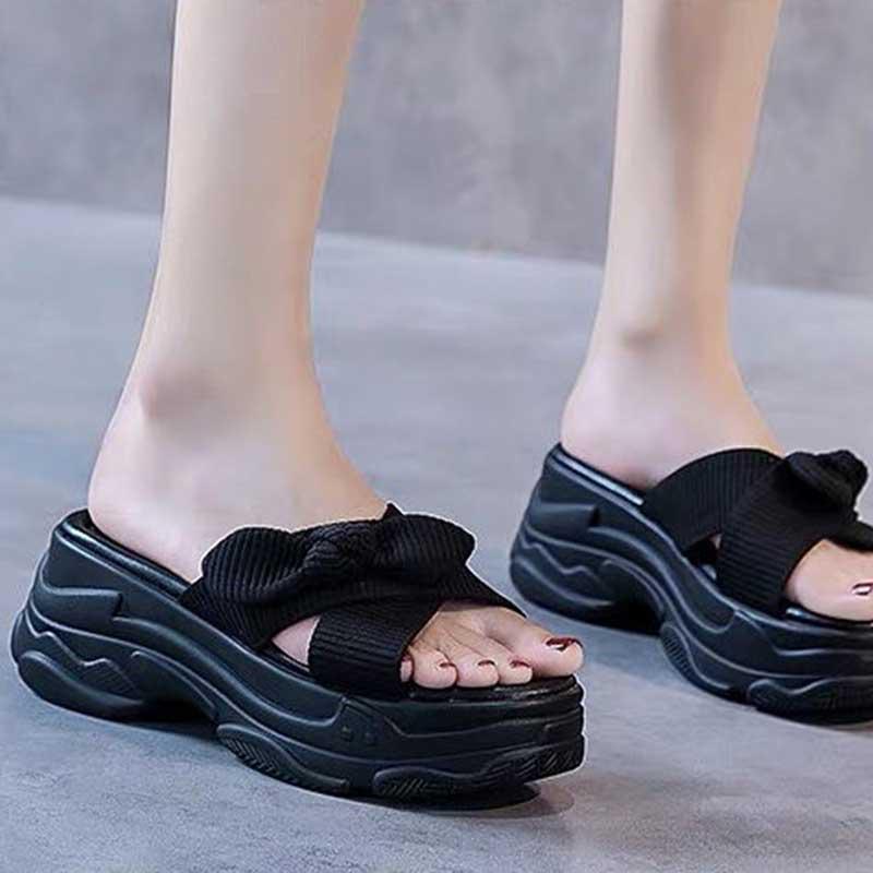 Size35-39 Summer Women Slippers Bohemian Beach Wear-resistant Slippers Wedge Platform Cross Bow Sandals Outdoor High Heels