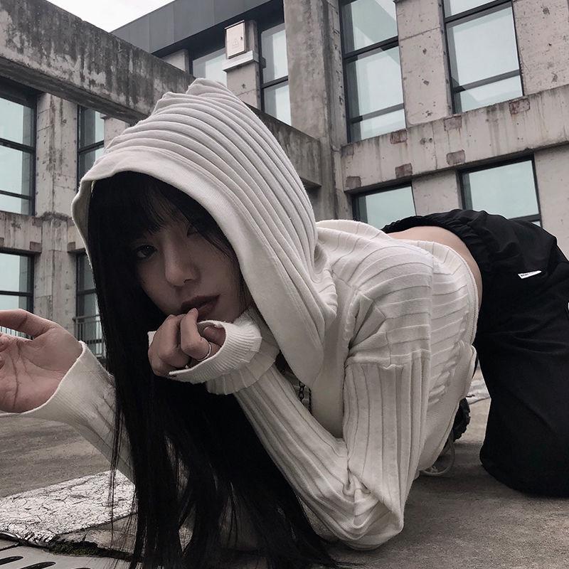 Short Cropped Cardigan Sweater Long-sleeved Slim Open-shoulder Punk Pull-shoulder Hooded Jacket