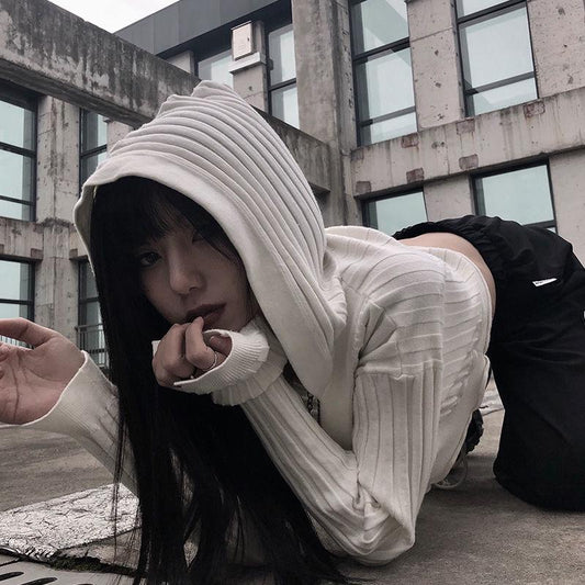 Short Cropped Cardigan Sweater Long-sleeved Slim Open-shoulder Punk Pull-shoulder Hooded Jacket