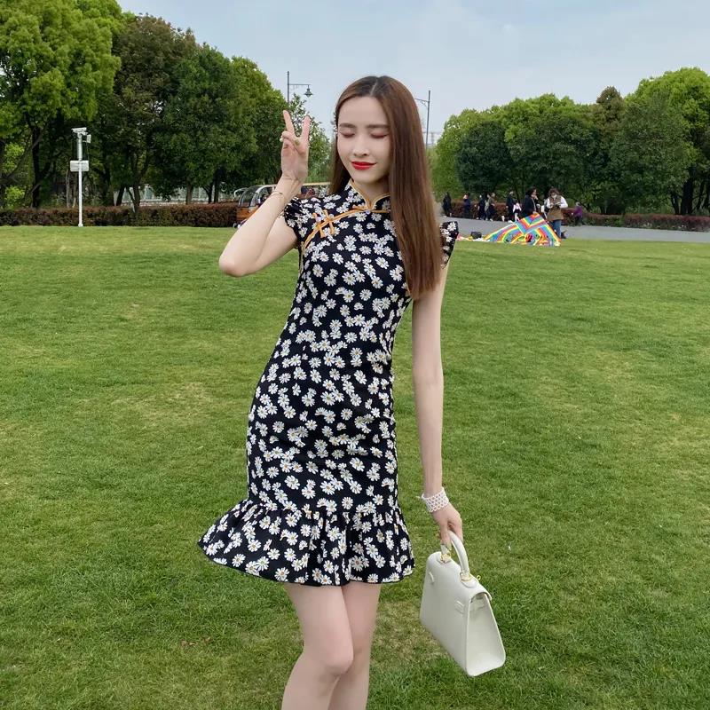 Little Daisy Cheongsam Improved Dress Short Floral Sexy Small Young Girl Daily Wear