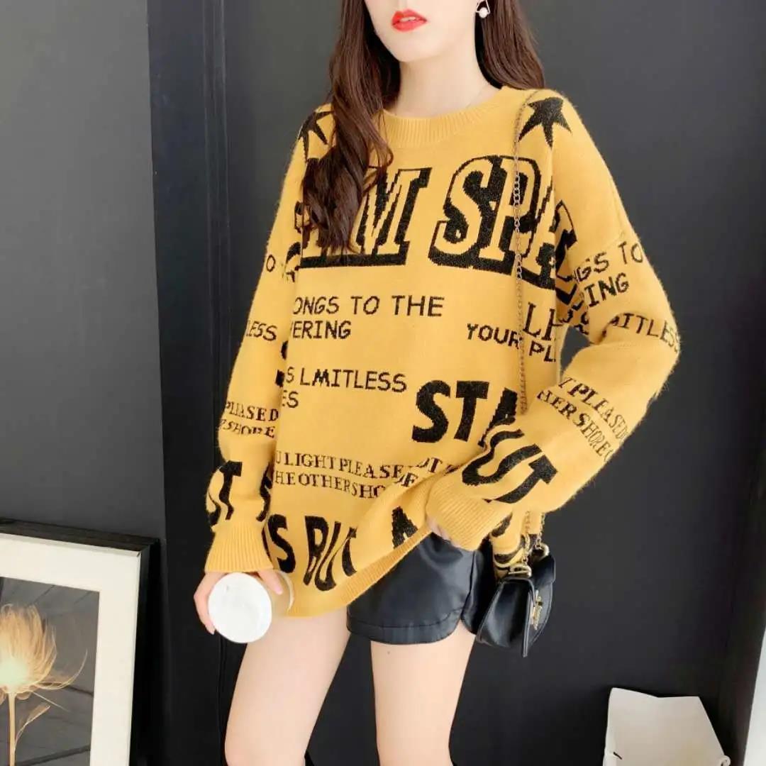 Autumn and Winter Loose Mid-length Round Neck Sweater Women Lazy Letter All-match Knitwear