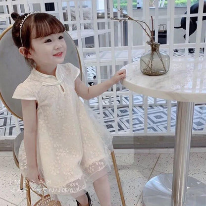 Children Dress Spring Summer Broken Flower Kids Clothing  Baby Girls Clothing Yarn Sleeveless Cheongsam Dress Girl