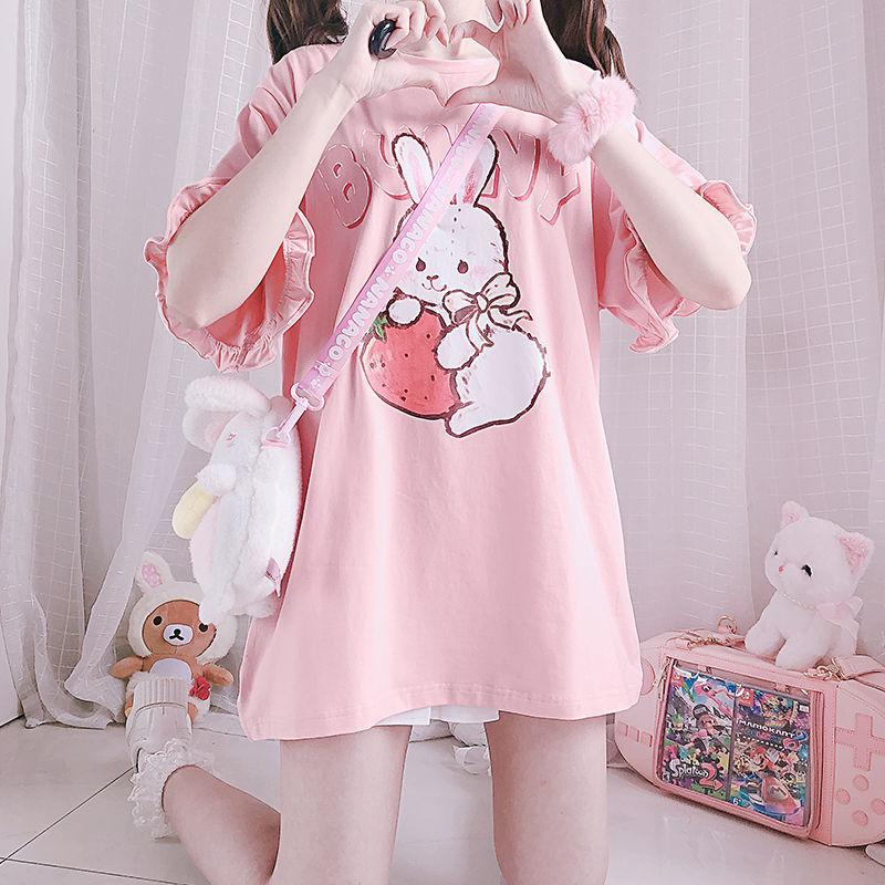 Harajuku Bunny Strawberry Shirt with Ruffles Kawaii Shirt Kawaii Clothing Soft Aesthetic Y2k Anime Shirt Japanese Shirt Cute Shirt Lolita