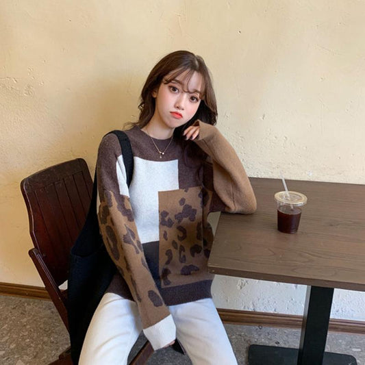 Autumn Winter  Women Fashion Sweater Casual Knitting Sweater Leopard  Round Neck Pullovers Loose Casual Long Sleeve Sweater