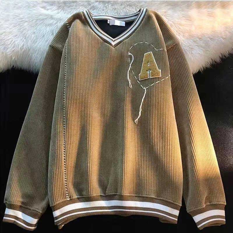 Waffle Spring V-Neck Sweatshirts Women's Large Size Loose Retro Jacket Thin Section