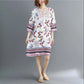 Retro Ethnic Print Round Neck Dress Women's Loose Plus Size Straight Skirt Floral Pattern Loose Mid-length Plus Size Dress