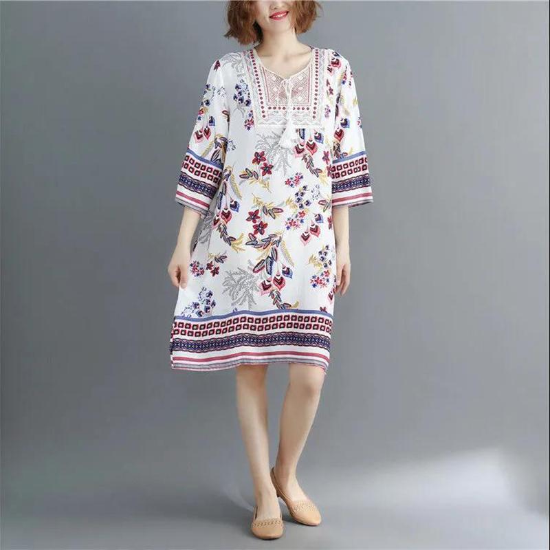 Retro Ethnic Print Round Neck Dress Women's Loose Plus Size Straight Skirt Floral Pattern Loose Mid-length Plus Size Dress