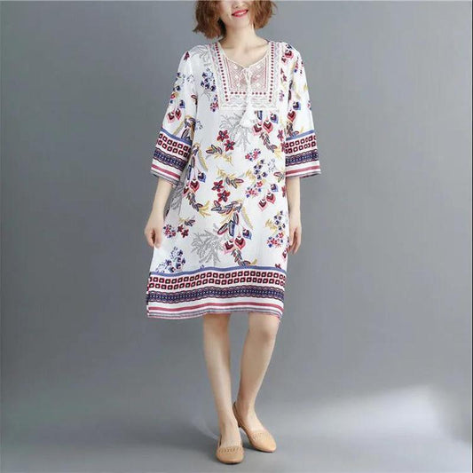 Retro Ethnic Print Round Neck Dress Women's Loose Plus Size Straight Skirt Floral Pattern Loose Mid-length Plus Size Dress
