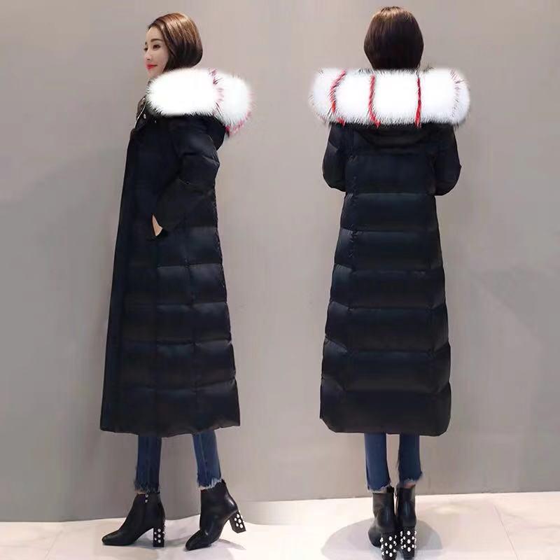 Winter Women's Down Jacket with Large Fur Collar Over The Knee Hooded Jacket Plus Down Padded Down Jacket