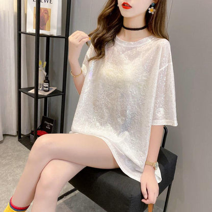 Ice Silk Loose Short-sleeved T-shirt Printing Glittering Half-sleeved Top Women Loose Round Neck Casual Pullover T-shirt Women