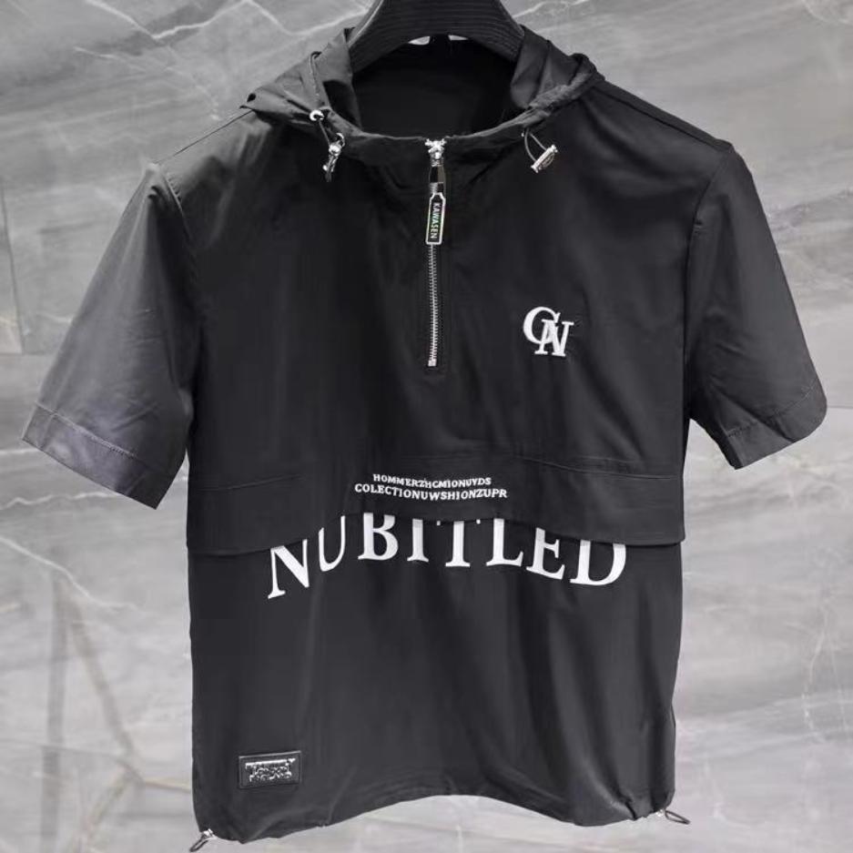 Summer Thin Drawstring Zipper Hood Slim Fitting Short Sleeve Mercerized Shuttle Light Extravagant Letter Embroidered Hem