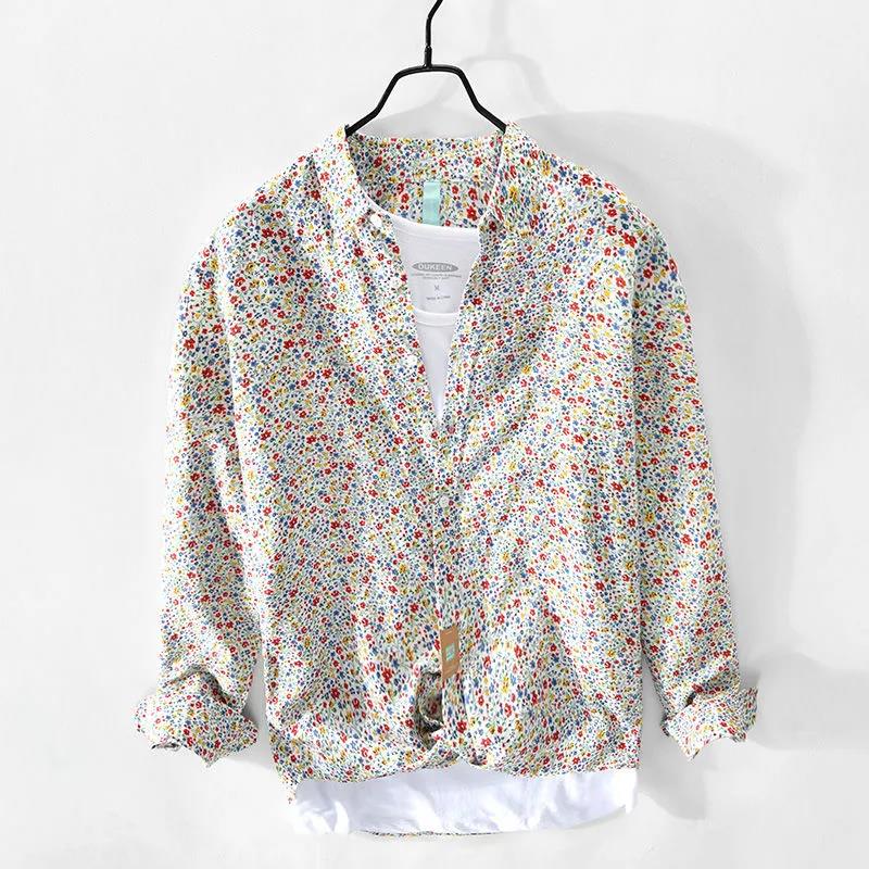 Retro Pastoral Style Printed Linen Long-sleeved Shirt Men's Loose Youth and Thin Fashion Floral Cotton and Linen Shirt