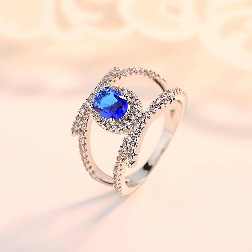 Royal Blue Love Heart Shaped Zircon Ring Single Zircon Ring Blue Oval Double Layer Multilayer Diamond Zircon Ring