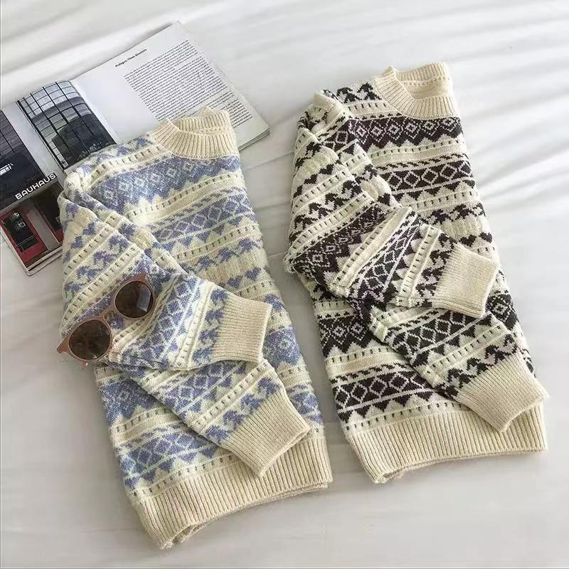 Autumn Winter Women Sweater Pullover Knit Jumpers Casual Loose Striped Pull Korean Knitwear Top Girls Student Retro Vintage Sweater Short Warm O Neck