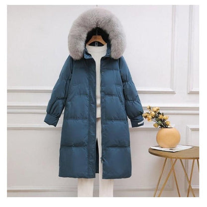 Down Jacket Women's Mid-length Big Fur Collar Korean Fashion Loose Thick Over-knee Winter Hooded Jacket Tide