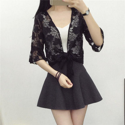 Summer Beach Sun Protection 1 PCS Lace Cardigan Women Short Thin Shawl White Flower Pattern 5colors Solid Color