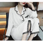 Women's Spring Autumn Long-sleeved Pajamas Set Lapel Sexy Lace Pyjamas Slit Bottoms V-neck Loose Comfortable Homewear Solid Out Wear Loungewears