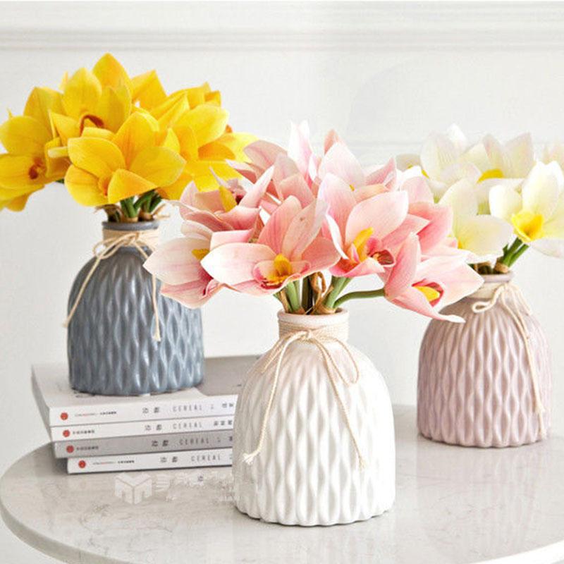 Simulation Bouquet 4 Heads Hand Pierced Feel Cymbidium Artificial Flowers Home Decoration Flower Vase Flower Arrangement