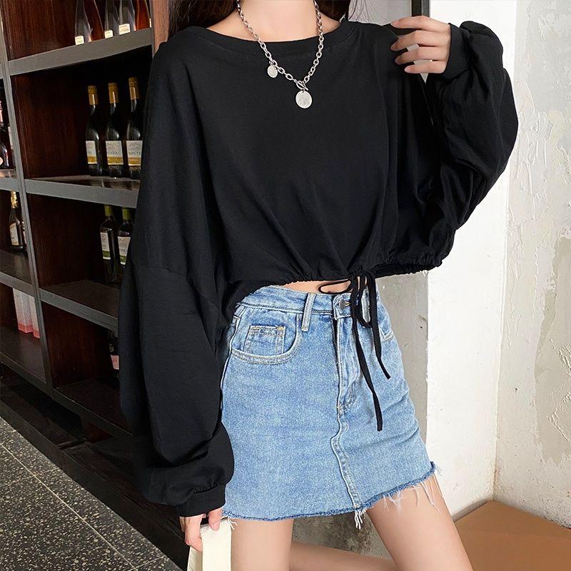 Spring Fall Women Harajuku Long Sleeve Bandage O-Neck T-Shirts  Casual  T Shirt Femme Black Tops Pullover
