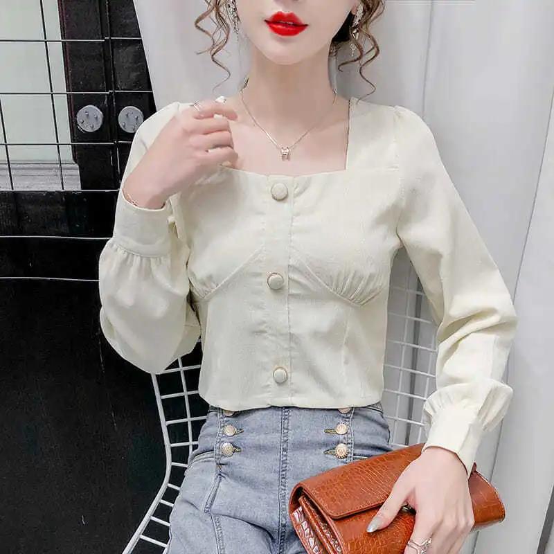 Women's Spring and Autumn Long Sleeve Square Collar Loose Solid Color Short Top