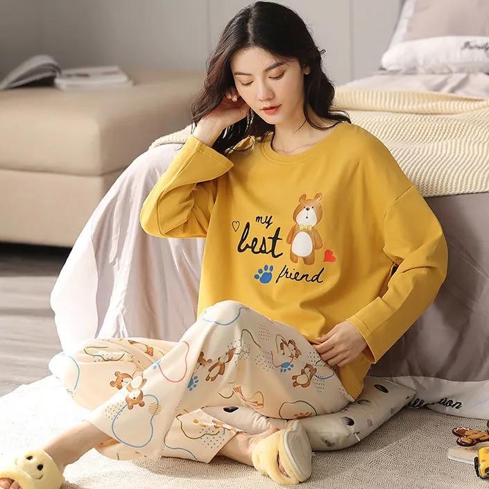 Women Pajamas Set Cotton Pyjamas Suit Long Sleeve Sleepwear Loose Casual Nightwear Spring Autumn Tops and Pants Sets Pullover Round Neck Cute